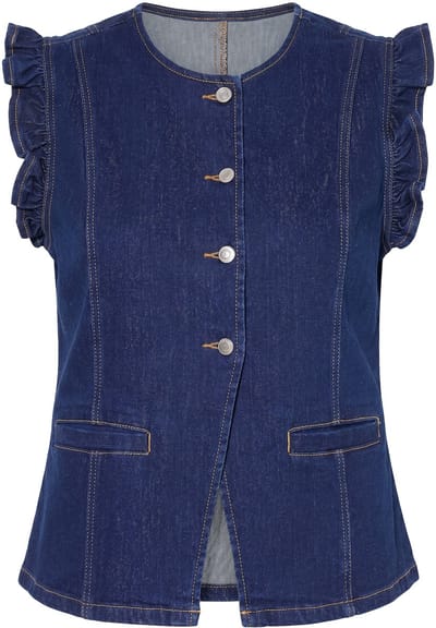 Angel of Style - Dames - Denim bodywarmer stretchdenim ruches op de schouders - Donkerblauw denim - Maat 58