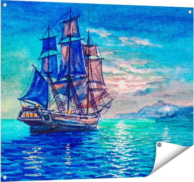 Gards Tuinposter Oude Piratenschip Zeilboot Getekend - 100x80 cm - Tuindoek - Tuindecoratie - Wanddecoratie buiten - Tuinschilderij