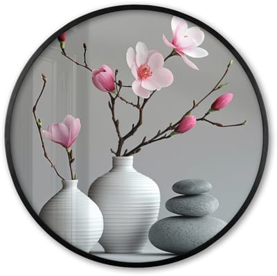 Poster in lijst Rond - Fotolijst 60x60 cm - Posters - Magnolia - Bloemen - Roze - Zen stenen - Ronde posterlijst zwart - Decoratie - Wanddecoratie woonkamer - Muurdecoratie slaapkamer