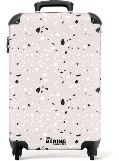 NoBoringSuitcases.com - Koffer - Terrazzo patroon beige met zwart en wit - Past binnen 55x40x20 cm en 55x35x25 cm - Trolley handbagage - Valiezen met wieltjes volwassenen - Reiskoffer op wielen - Rolkoffer lichtgewicht
