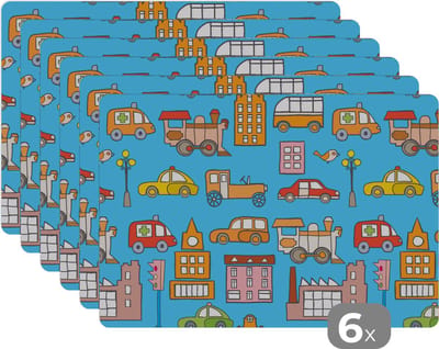 Placemat - Placemats kunststof - Patronen - Auto - Huis - 45x30 cm - 6 stuks - Hittebestendig - Anti-Slip - Onderlegger - Afneembaar