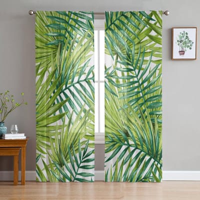 Tropisch Regenwoud Blad Plant Transparante Gordijnen voor Woonkamer Decoratie Raamgordijnen Keuken Tule Voile Organza Gordijnen W135 x H115cm x1 beige