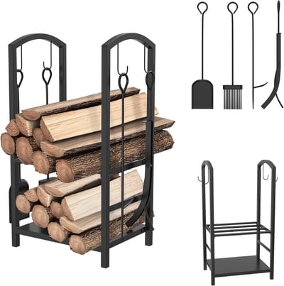 Haardhoutrek met Gereedschap - Houtopslag - Haardhout Opslag - Roestvrij Wrought Iron - 40 x 38 x 75 cm - Zwart