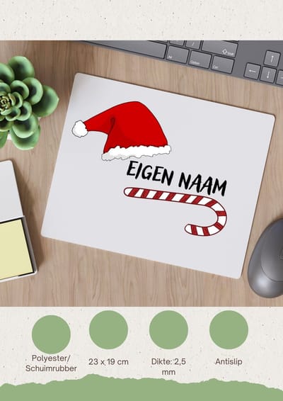 Akyol - kerst zuurstok en kerstmuts met eigen naam Muismat - Kerstmis - kerst beker - winter - kerst - christmas - kerst cadeau - 23 bij 19 cm