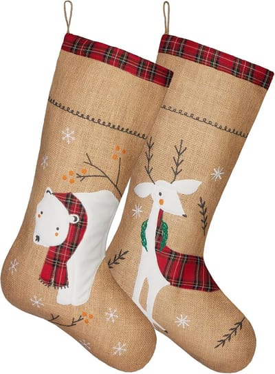 BRUBAKER Kerststocking Set van 2 stuks - 52 cm - Kerstversiering - Kerstdecoratie - Christmas Stocking - Kerstsokken van Jute in Kerstdessins - Rendier en Ijsbeer