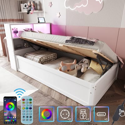 SINGULARITY-Slaapbank 90x200- met stopcontacten en diverse opbergvakken- met lichtbalk- hydraulisch bed- massief houten bed- eenpersoonsbed- multifunctioneel houten bed- wit.- Zonder matras