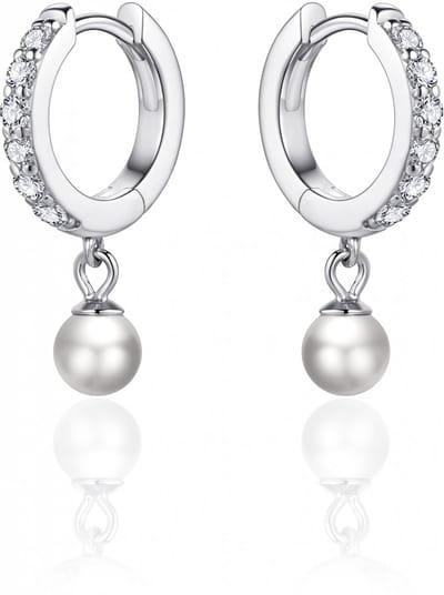 Jewels Inc. - Oorbellen - Oorringen gezet met Zirkonia en beweegbare Parel onder de oorring - 16mmØ - 2mm Breed - Gerhodineerd Zilver 925