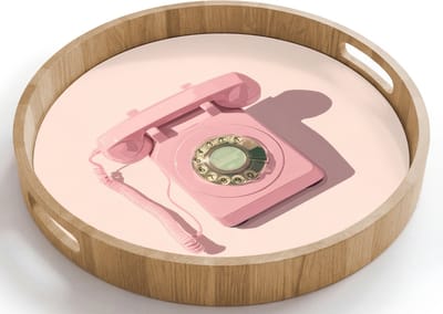 Dienblad rond 40x40 cm - Schootdienblad hout - Draaischijftelefoon - Retro - Roze - Borrelplank rechthoek - Plateau houten dienbladen