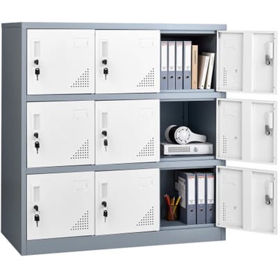 VEVOR metalen locker, 3 niveaus, lockerkast, 30 kg draagvermogen, locker voor waardevolle spullen met 2 sleutels per deur, compartimentkast voor kantoor, school, sportschool, eenvoudige montage, 90x45x94 cm, grijs/wit