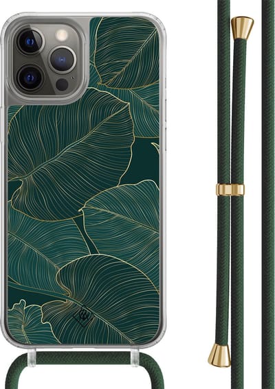 Casimoda® hoesje met groen koord - Geschikt voor iPhone 12 Pro - Monstera Leaves - Afneembaar koord - TPU/polycarbonaat - Zwart