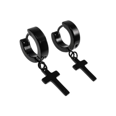 Oorbellen Unisex - Zwarte PVD-Coating RVS - ∅13mm x 3,5mm Oorringen met Kruishanger