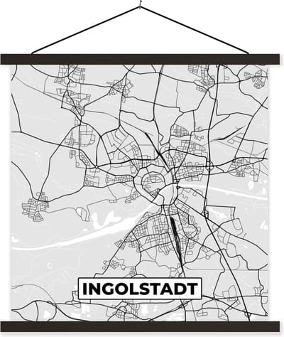 Posterhanger incl. Poster 60x60 cm - Schoolplaat - Kaart - Stadskaart - Duitsland - Ingolstadt - Plattegrond - Textielposter - Zwarte latten - Stadskaart