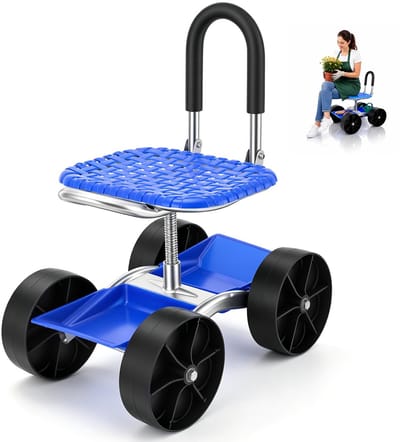 rollende tuinwagen, tuinstoel met wielen, tuin, rolstoel, kniebank, tuinwagen, 360 graden draaibaar, in hoogte verstelbaar, mobiele tuinkruk met handgreep, opbergvak, tuinwerkzitje tot 150