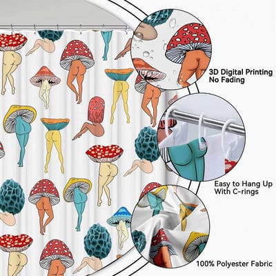 Famanu - Douchegordijn met paddenstoelen design 180x180 cm, retro 70s stijl, waterdichte stof, met 12 haken