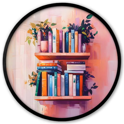 Poster in lijst Rond - Fotolijst 40x40 cm - Posters - Planken - Boeken - Bladeren - Ronde posterlijst zwart - Decoratie - Wanddecoratie woonkamer - Muurdecoratie slaapkamer