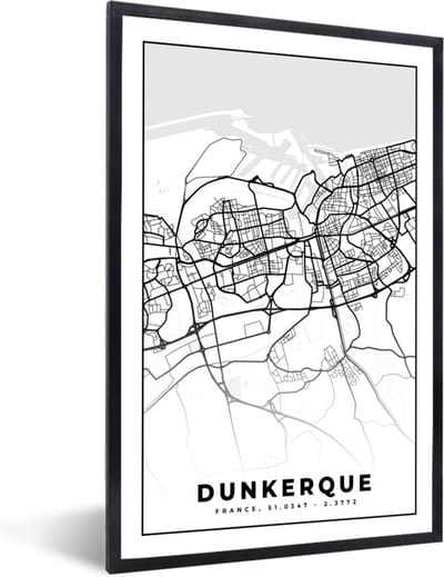 Fotolijst incl. Poster Zwart Wit- Frankrijk - Dunkerque - Kaart - Plattegrond - Stadskaart - Zwart wit - 40x60 cm - Posterlijst
