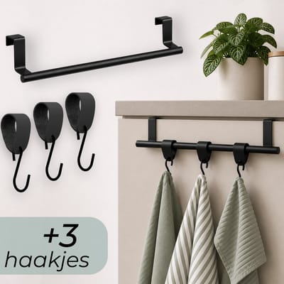 Hoya living - RVS Handdoekrek keukenkastje - VALI 36cm Zwart + 3x leren S-haak hanger handdoekhaakjes - Voor 3 handdoekjes - zonder boren