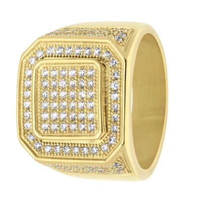 Lucardi Heren Gerecycled stalen goldplated heren ring met zirkonia - Ring - Staal - Goudkleurig - 20 / 63 mm