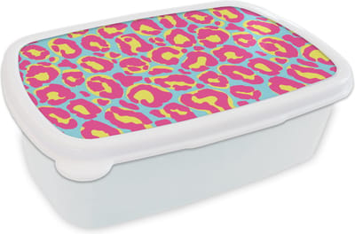 Broodtrommel Wit - Lunchbox - Brooddoos - Panterprint - Roze - Geel - Patroon - 18x12x6 cm - Volwassenen