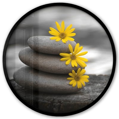 Poster in lijst Rond - Fotolijst 40x40 cm - Posters - Zen stenen - Bloemen - Geel - Natuur - Ronde posterlijst zwart - Decoratie - Wanddecoratie woonkamer - Muurdecoratie slaapkamer