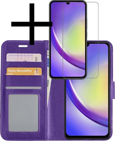 Hoesje - Met Screenprotector - Geschikt voor Samsung Galaxy A34 - Luxe Pasjeshouder - Bookcase Portemonee - Flip Case - Kunstleer Book Case - Flipcase - Book Cover - Walletcase - Portemonneehoes - Paars