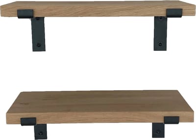 GoudmetHout® Wandplank Set Industrieel - 50 x 10 cm Muurplank - Eiken Hout - Decoratie Wandrek & Boekenrek - Set van 2 Hangplanken Keuken - Wall Shelf + 2 Mat Zwarte Plankdragers van Staal
