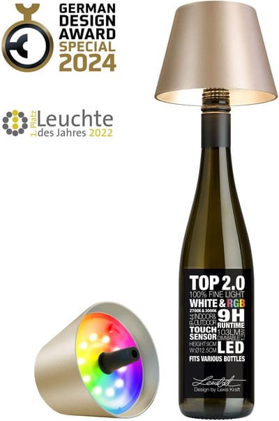 Sompex Flessenlamp " TOP " met houdbare kurk| 2.0 Led| Champagne - indoor / outdoor - oplaadbaar | RGB