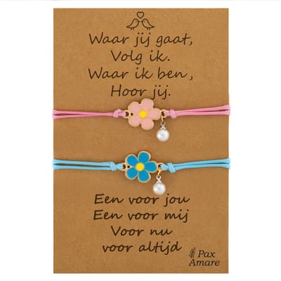Vriendschapsarmbandjes voor 2 "Waar jij gaat, volg ik" - Bloemetjes - BFF Armbandjes met Persoonlijk Cadeau Kaartje - Roze & Blauw - Elastisch Verstelbaar - Pax Amare