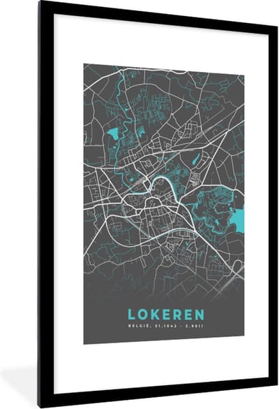 Fotolijst incl. Poster - Stadskaart – Grijs - Kaart – Lokeren – België – Plattegrond - 60x90 cm - Posterlijst