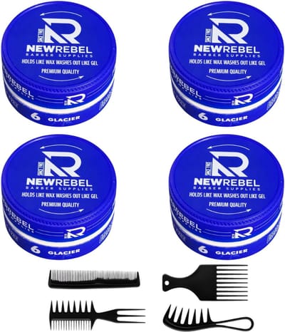 Newrebel 360 Waves Wax – Strong Hold Haarwax Pomade – Glacier Blauw – ( set van 4 ) + 4 styling kammen 600 ML