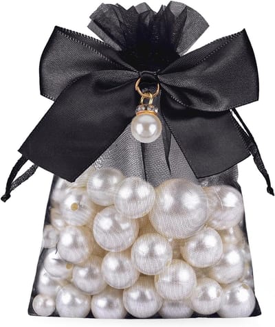 10 x 12 cm zwarte organza zakjes met strik en parels: 30 stuks kleine zakjes met trekkoord, perfect als trouwbedankjes, sieradenzakjes of geschenkzakjes