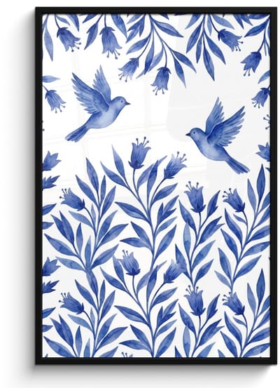 Poster in lijst - Fotolijst 80x120 cm - Posters - Modern - Vogels - Delfts - Blauw - Posterlijst zwart - Decoratie - Wanddecoratie woonkamer - Muurdecoratie slaapkamer