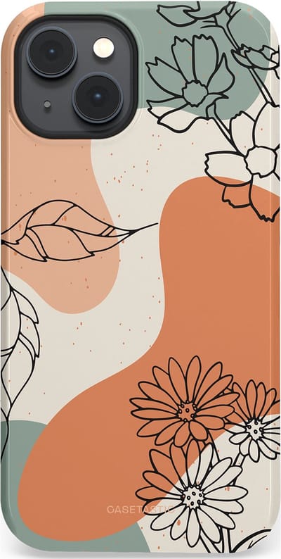 Casetastic hoesje geschikt voor Apple iPhone 14 Plus - MagSafe - Dubbellaagse bescherming - Lijnenspel Botanisch - Fashion Case - Crème Saliegroen Perzik