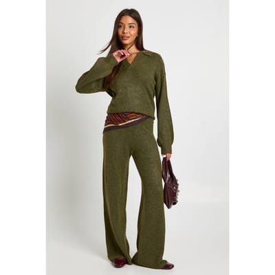 boohoo Dames Superzachte V-halsgebreide trui met kraag en rechte broek co-ord | Khaki | Maat: Small