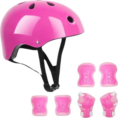 KZQ Kinderhelmset - Inclusief kniebeschermers, elleboogbeschermers en polsbeschermers - Verstelbare helm - Fiets - Skates - Rollator - Geschikt voor kinderen van 3-12 jaar - 7 stuks(roze)