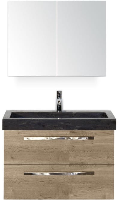 Seville Badmeubelset 80 cm - Natuur Eiken - Wastafel Hardsteen Wit Lucca met Spiegelkast