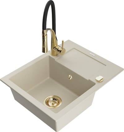 Mexen Enzo granieten spoelbak 1-komers met afdruiprek en keukenmengkraan Aster, beige - 6506-69-73450-57-G