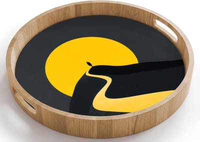 Dienblad rond 40x40 cm - Schootdienblad hout - Zon - Heuvel - Pad - Geel - Borrelplank rechthoek - Plateau houten dienbladen