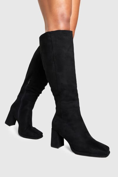 boohoo Dames Wide Fit blokhiel kniehoge laarzen | Zwart | Maat: 38