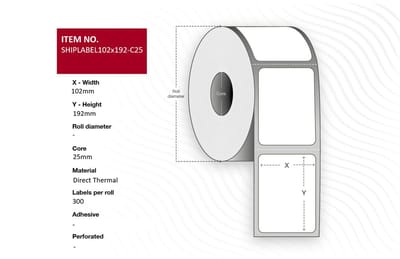 Verzendlabel 102 x 192mm, Kern 25mm. Direct Thermisch, Geperforeerd, 300 labels per rol. 24 rollen per doos