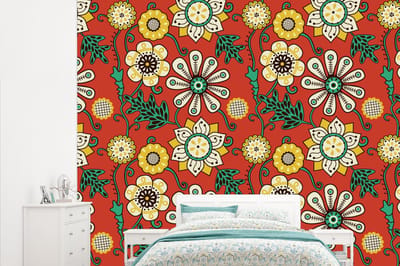 Behang - Fotobehang Design - Bloemen - Hippie - Retro - Breedte 315 cm x hoogte 260 cm