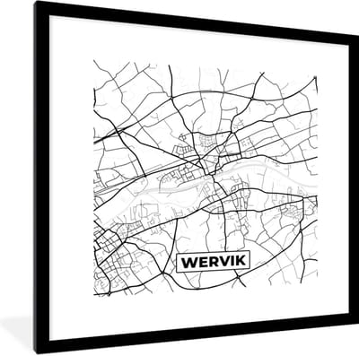 Fotolijst incl. Poster Zwart Wit- Stadskaart – Zwart Wit - Kaart – Wervik – België – Plattegrond - 40x40 cm - Posterlijst