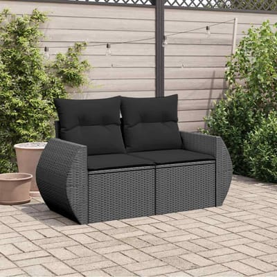 vidaXL - Tuinbank - met - kussens - 2-zits - zwart - poly - rattan