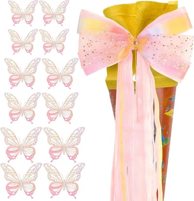 Schattige paarse schooltas voor meisjes met strik, 3D vlinders en decoratieve snoepzakken, perfect voor de eerste schooldag en knutselprojecten