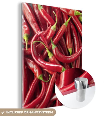 ® Glasschilderij 120x160 cm - Schilderij acrylglas - Een opeenhoping van Spaanse chilipepers - Foto op glas - Muurdecoratie woonkamer - Wanddecoratie slaapkamer - Schilderijen