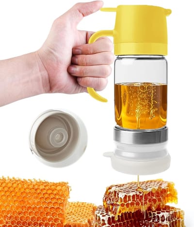 Drupvrije glazen honingdispenser van 300 ml met handvat, ideaal voor honing, siroop en jam, met afneembare deksels