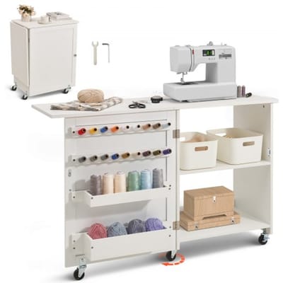 VEVOR Opvouwbare naaitafel, Multifunctionele naaimachinetafel met wielen, planken, opbergvakken, houten pinnen en magnetische deuren, Naaimachine Wit (1170 x 400 x 778 mm)