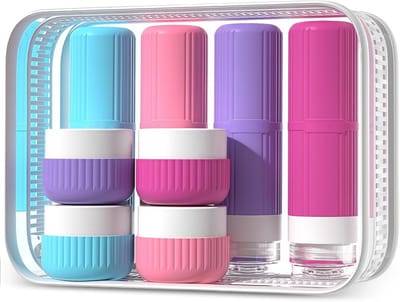 Set van 8 Levensmiddelenveilige Silicone Reisflessen - Lekvrije Containers met Transparante Toilettas voor Vliegtuig, Kamperen en Sportschool