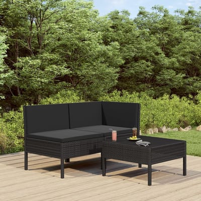 vidaXL - 3-delige - Loungeset - met - kussens - poly - rattan - zwart