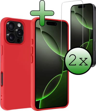 Hoesje Met 2x Screenprotector - Geschikt voor Apple iPhone 16 Pro - Sterk & Shockproof - Back Cover - Siliconen Case - Telefoon Hoes - Rood
